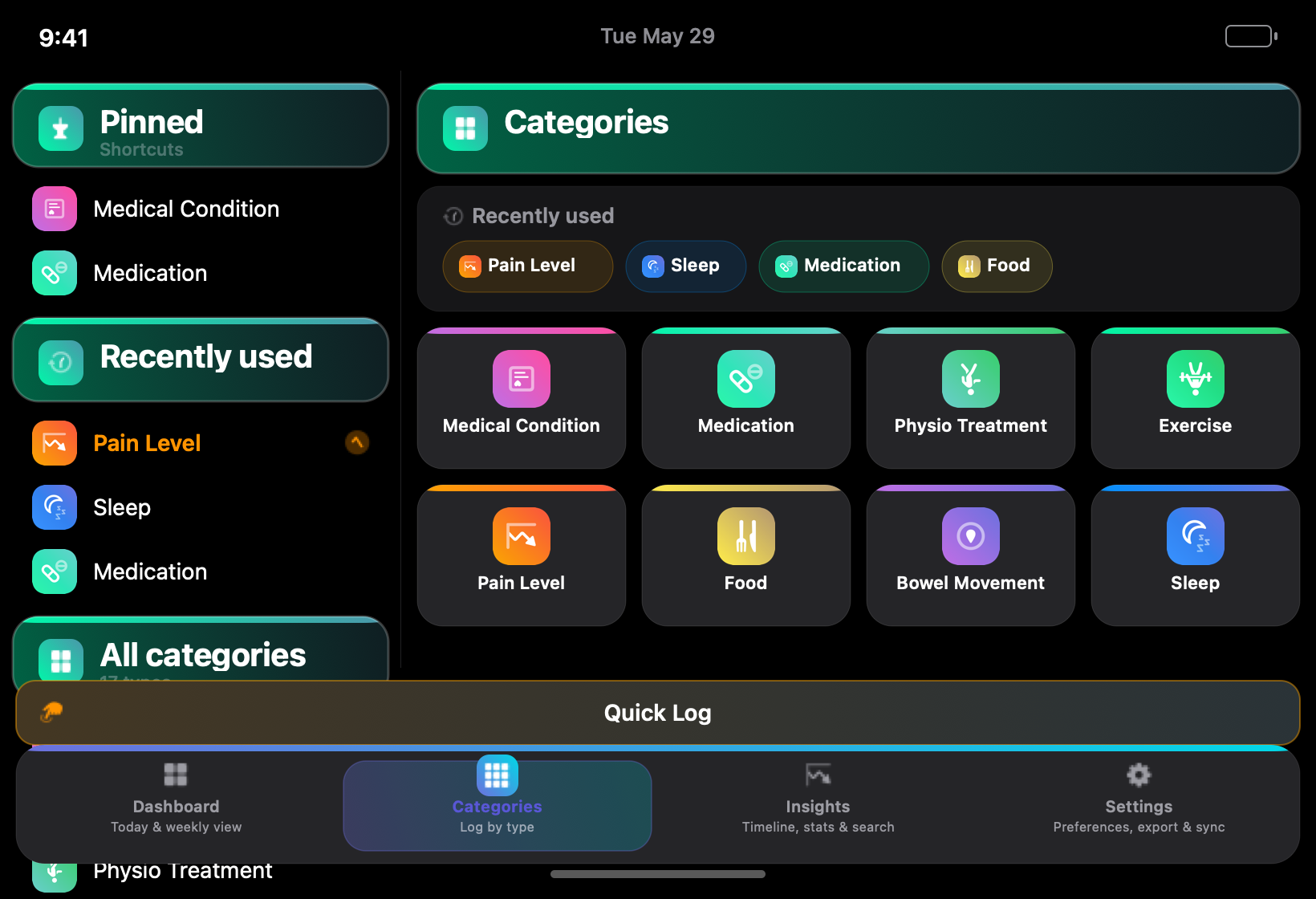 Medical Tracker Categories tab on iPad with sidebar