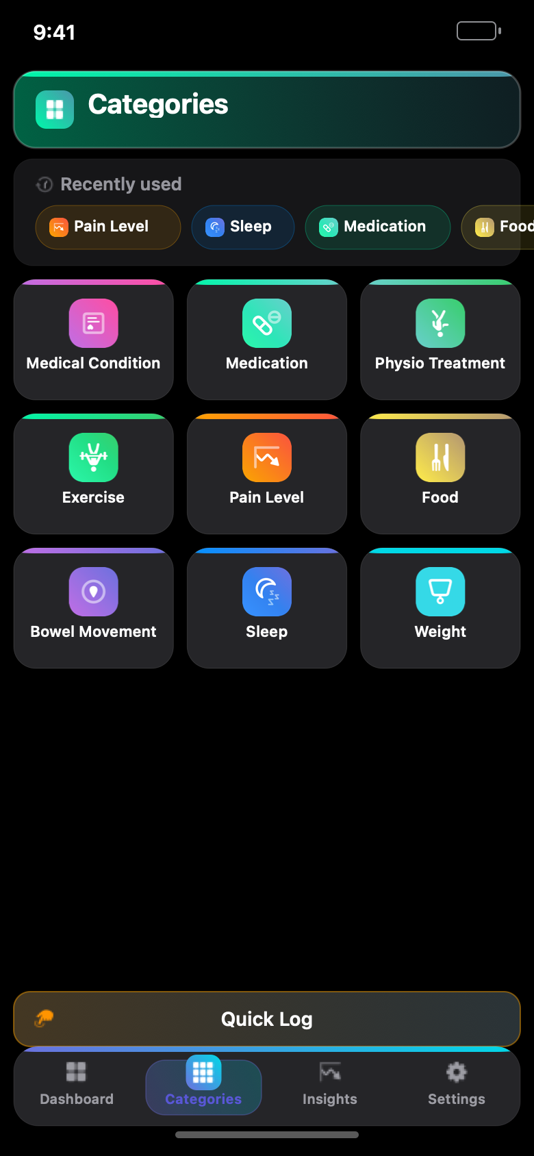 Medical Tracker Categories tab on iPhone